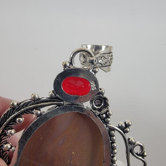 Brown Jasper Pendant – With Red Garnet Accents + 20" Sterling Silver Chain - Picture 3 of 10